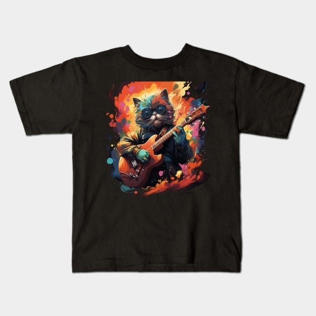 Exotic Shorthair Playing Guitar Kids T-Shirt by JH Mart